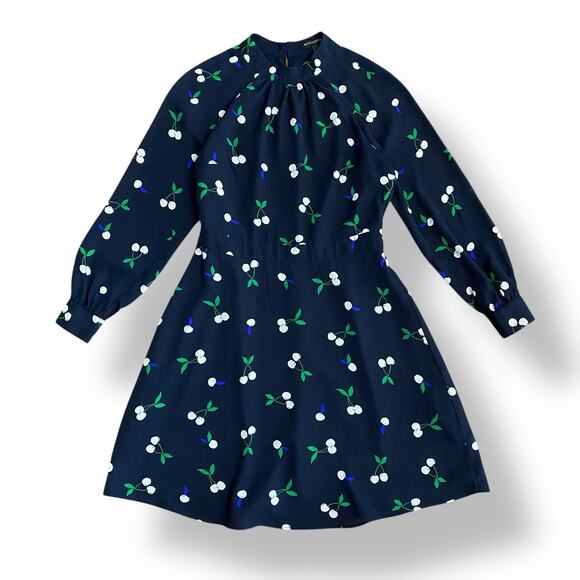 Banana Republic Blouson Sleeve Fit and Flare Cherry Mini Dress Size 4P Navy - Picture 1 of 9